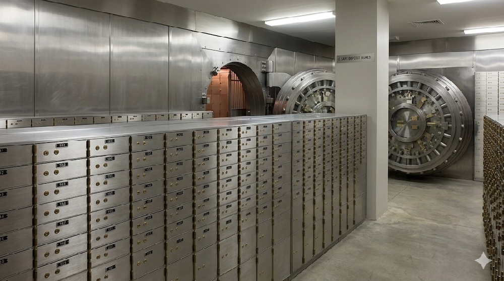 AI-generated image of safe deposit boxes inside a vault